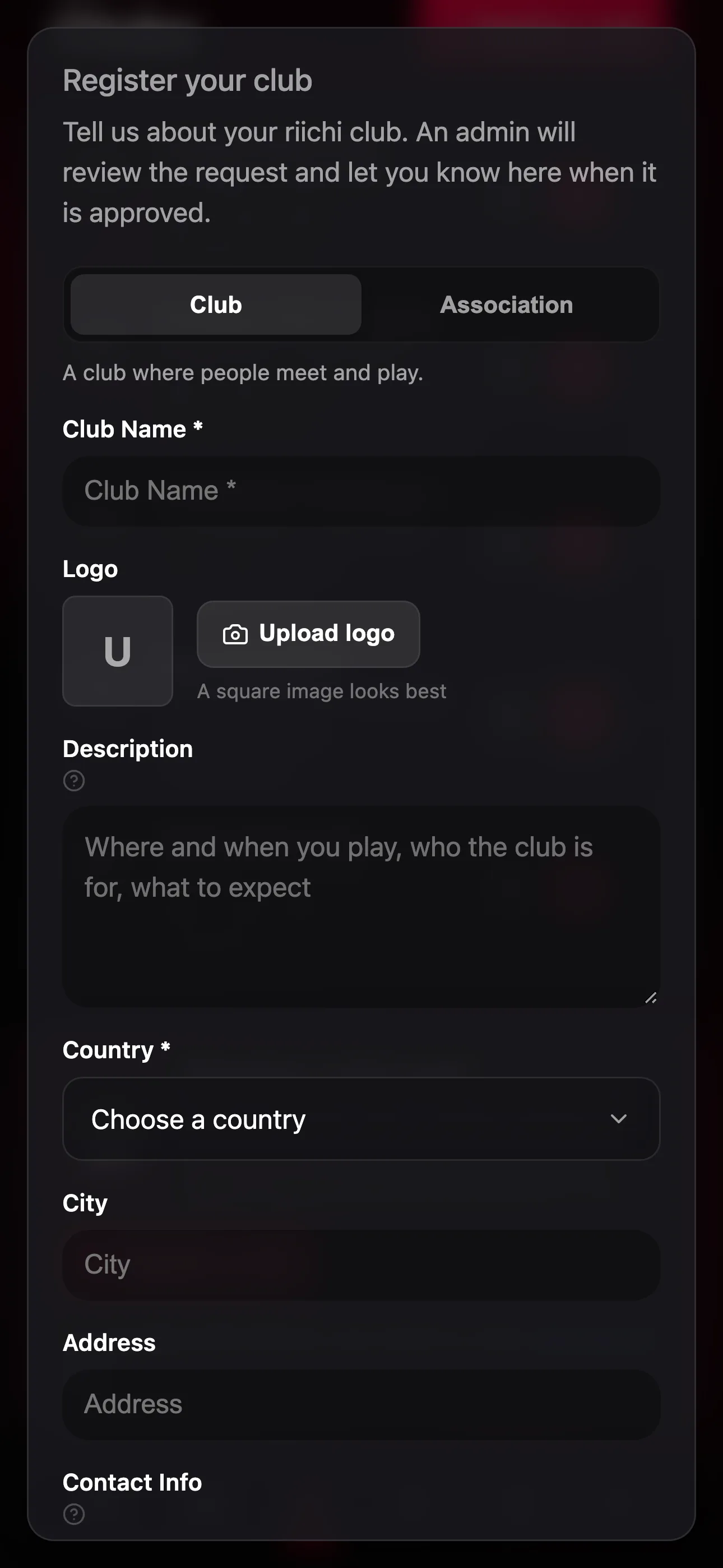 The club registration form