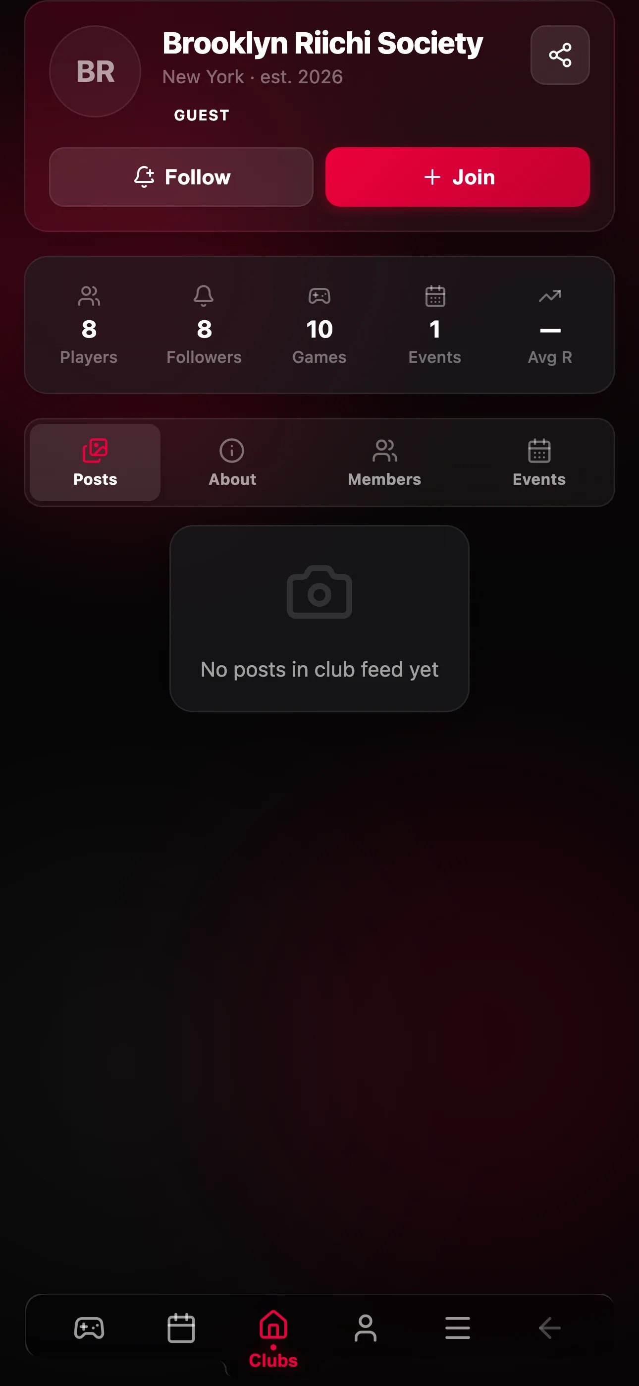 A club page with Follow and Join