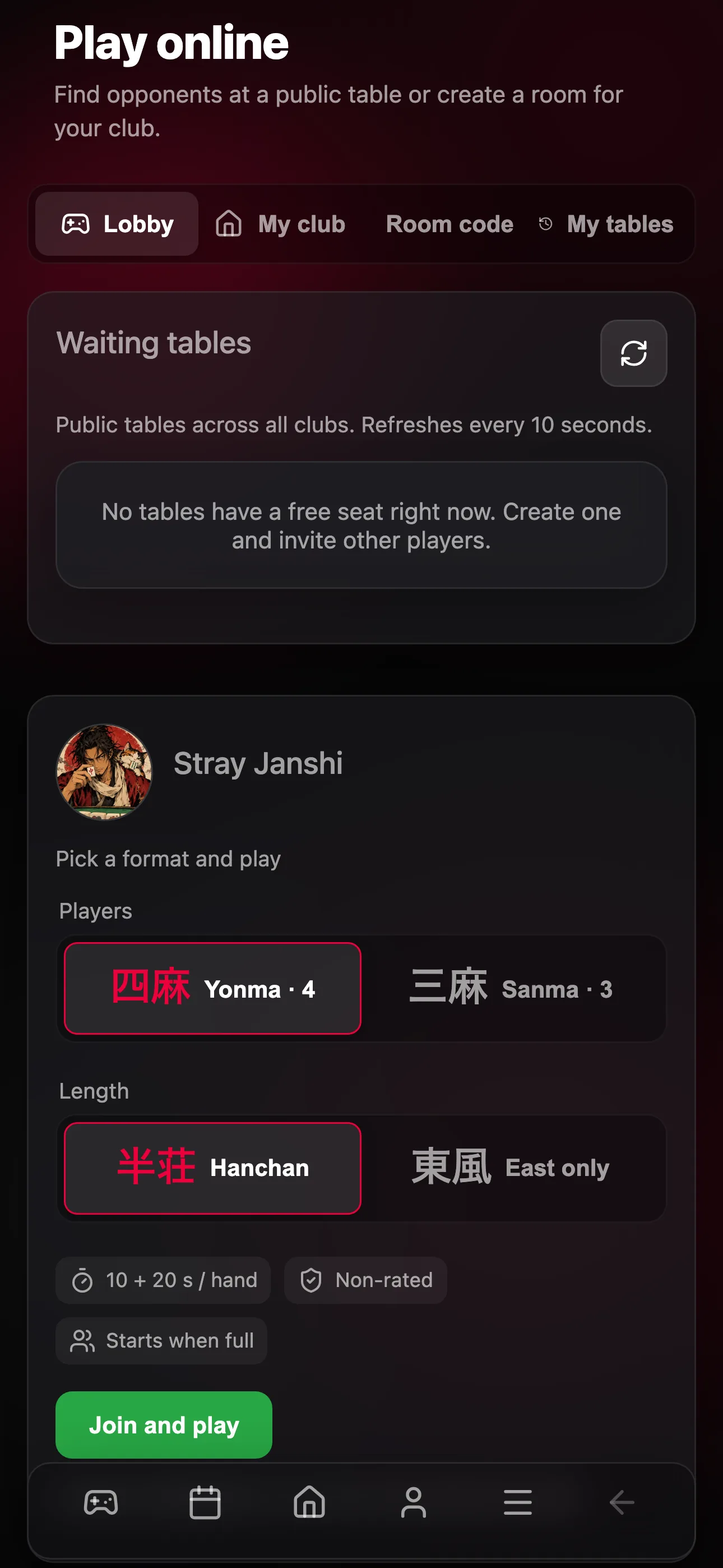 Choosing four players and Hanchan on Play online
