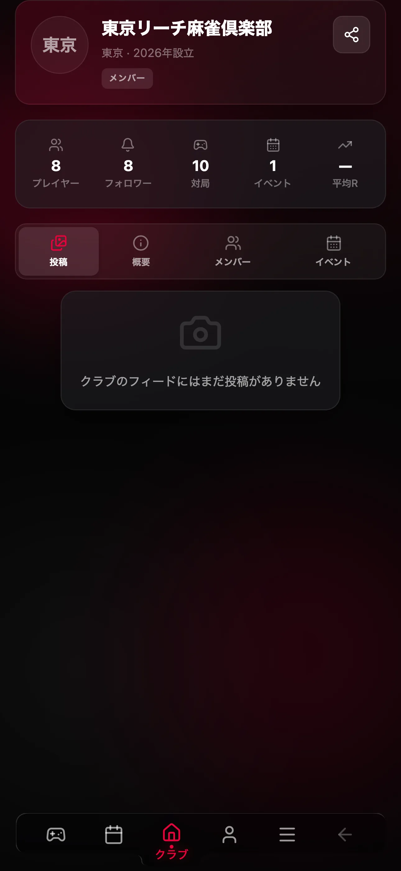 「参加」を押した後のクラブページ