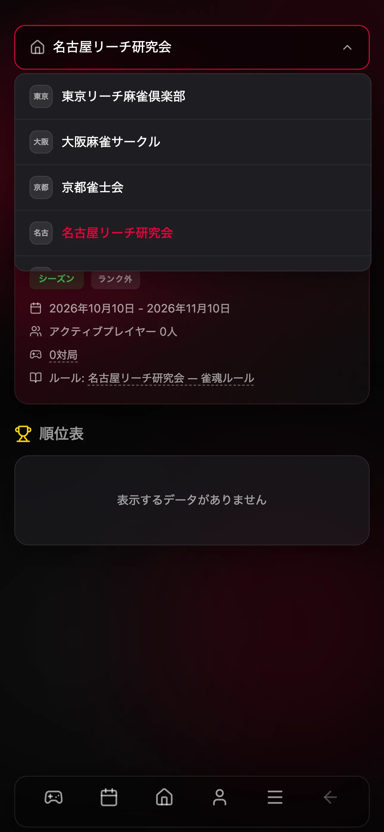 ランキングページでのクラブの切り替え