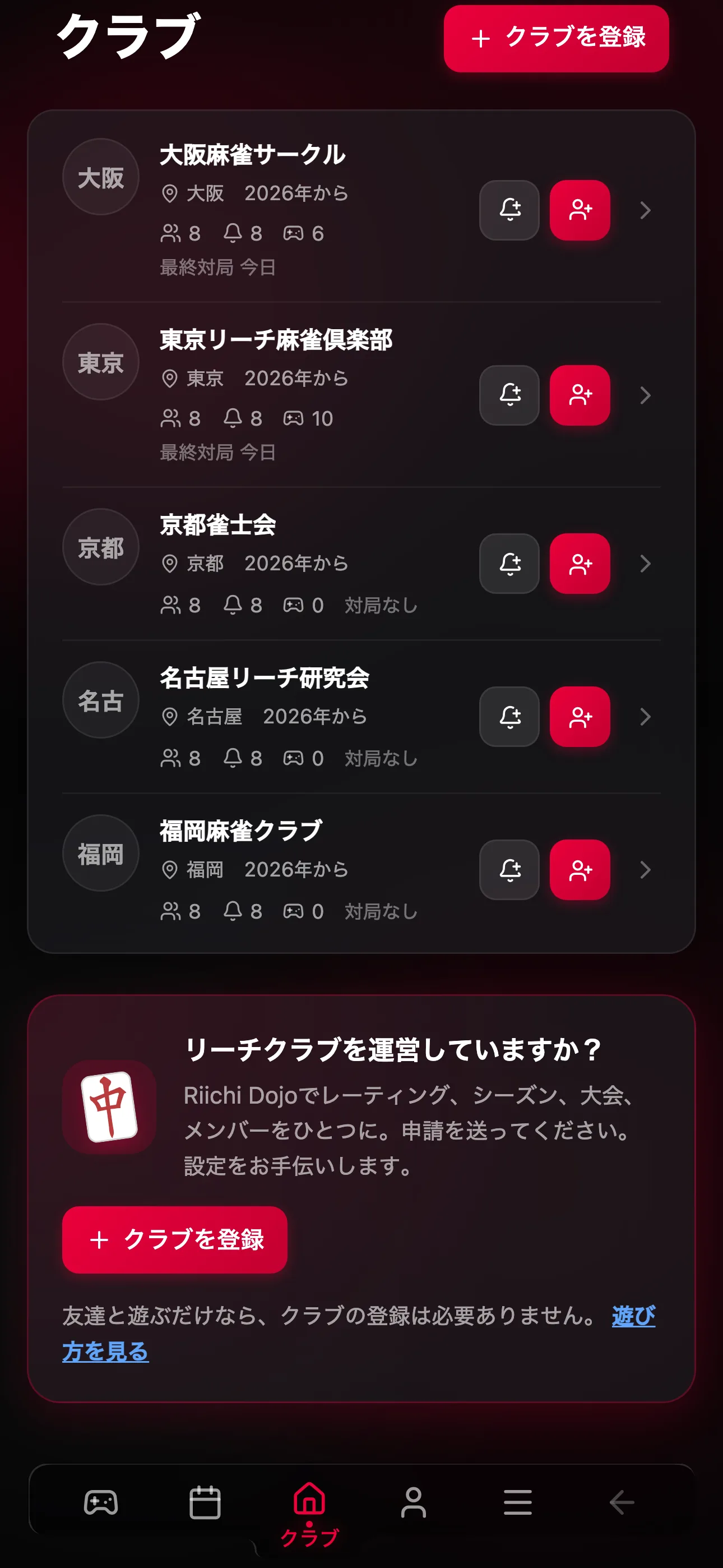 「クラブを登録」ボタンのあるクラブページ