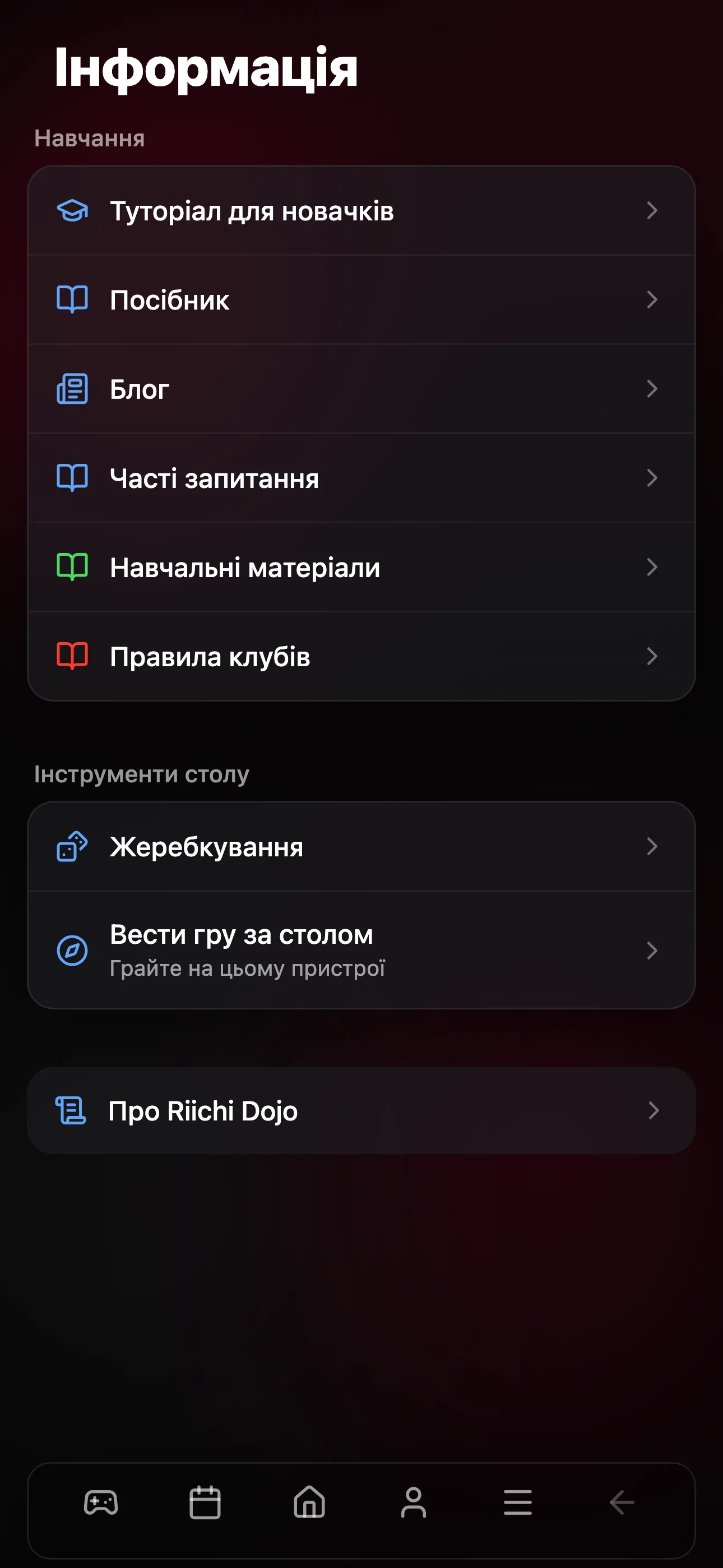 Розділи довідки в Riichi Dojo