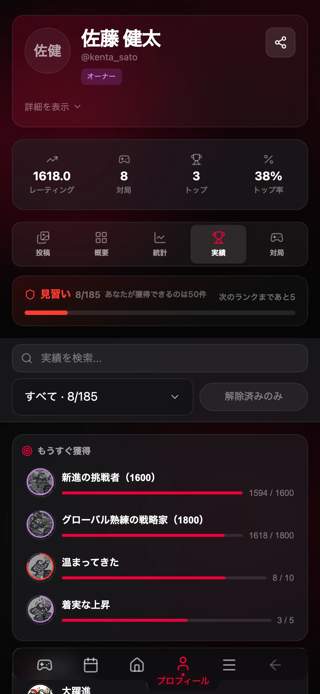 プレイヤーの実績