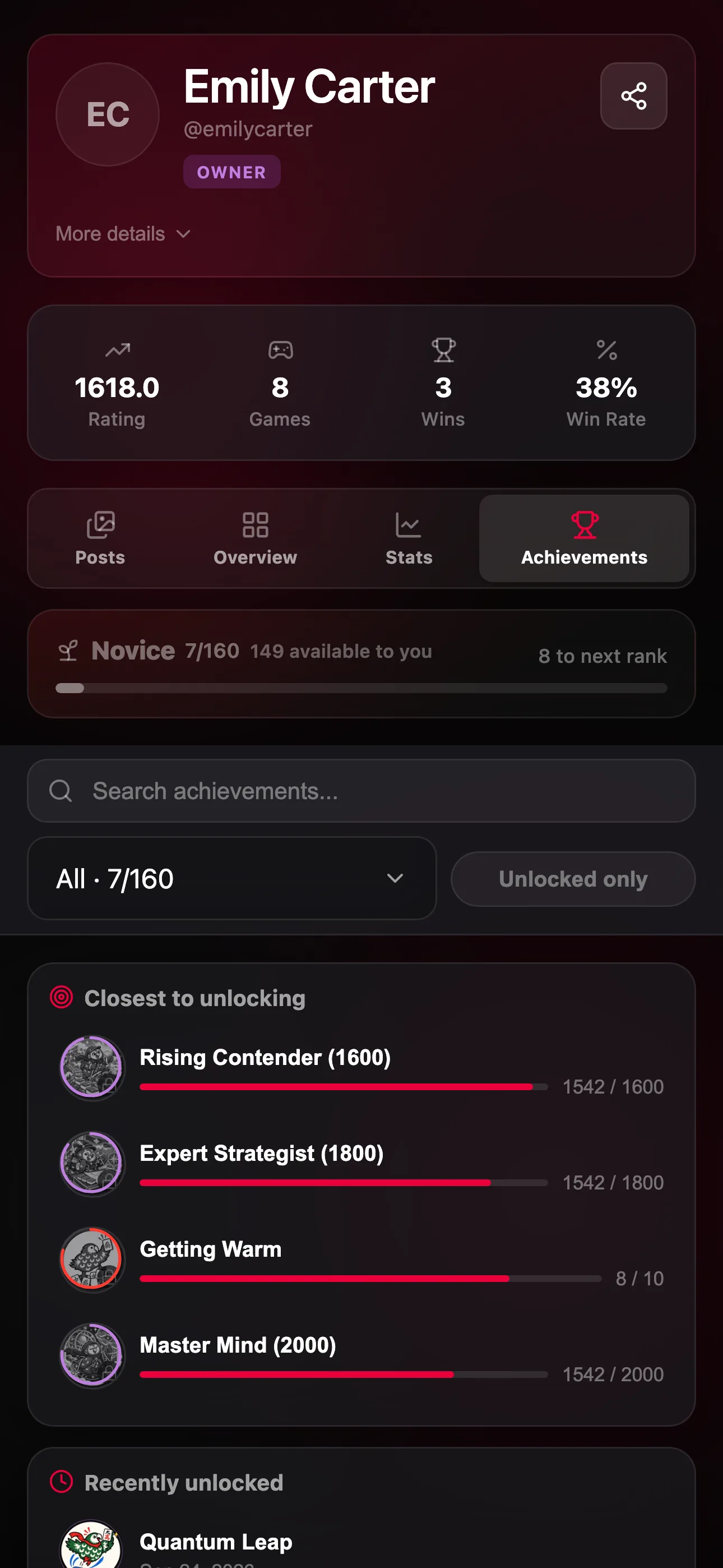 Player achievements and milestones