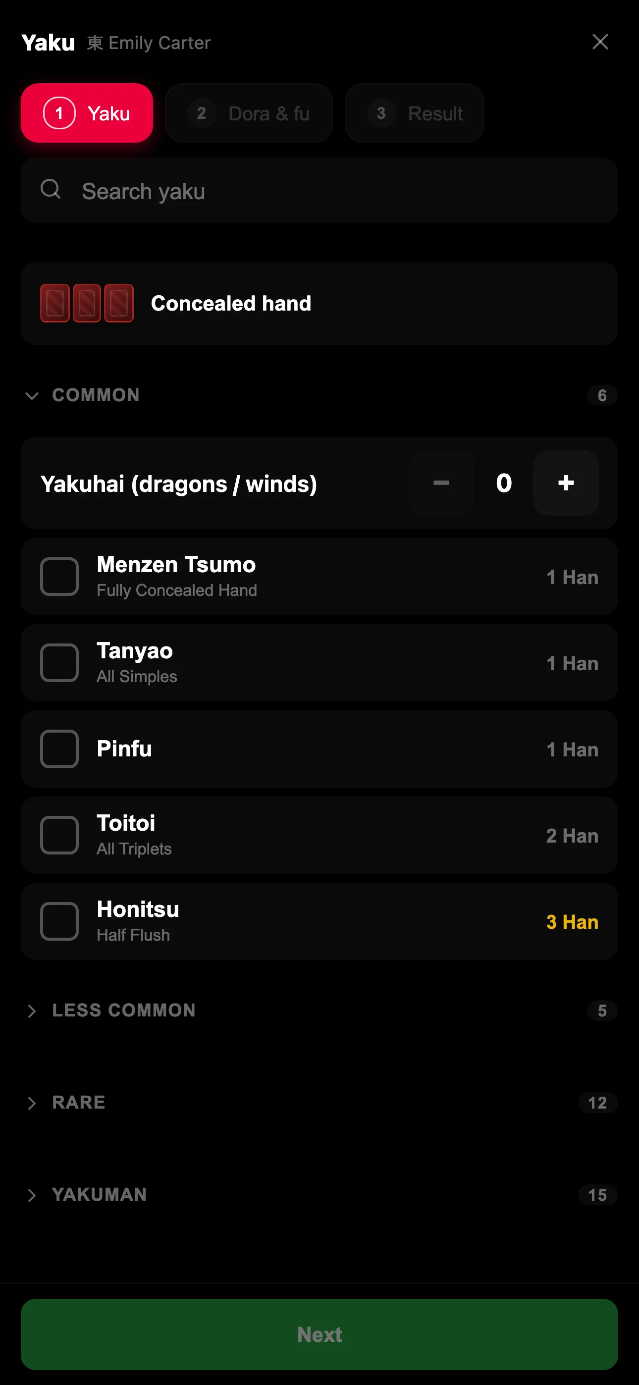 Yaku picker with han values per yaku