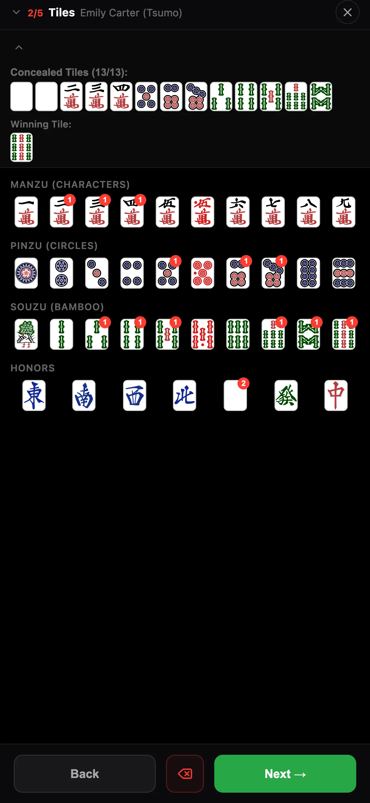 Tile-by-tile hand editor with the full mahjong tile palette
