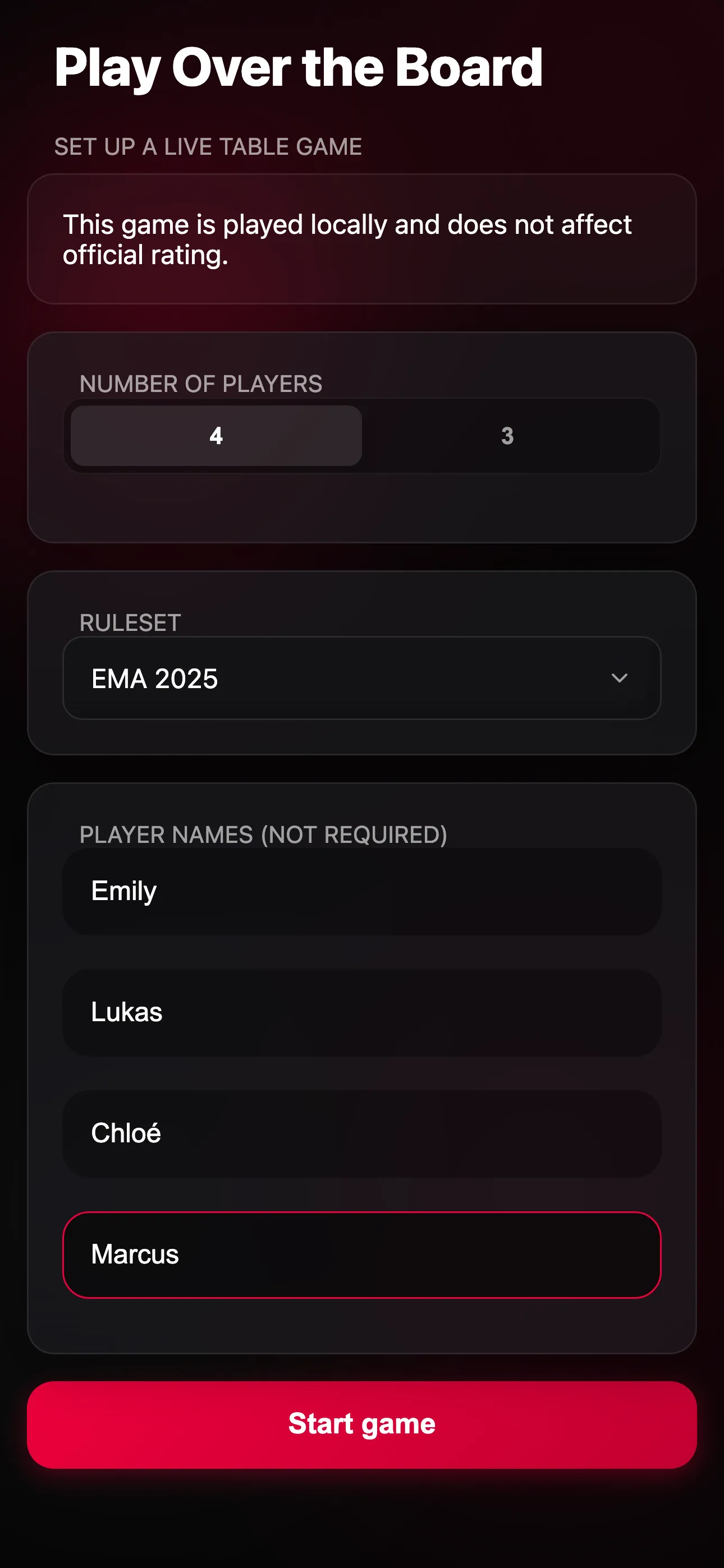 Offline over-the-board table setup mode