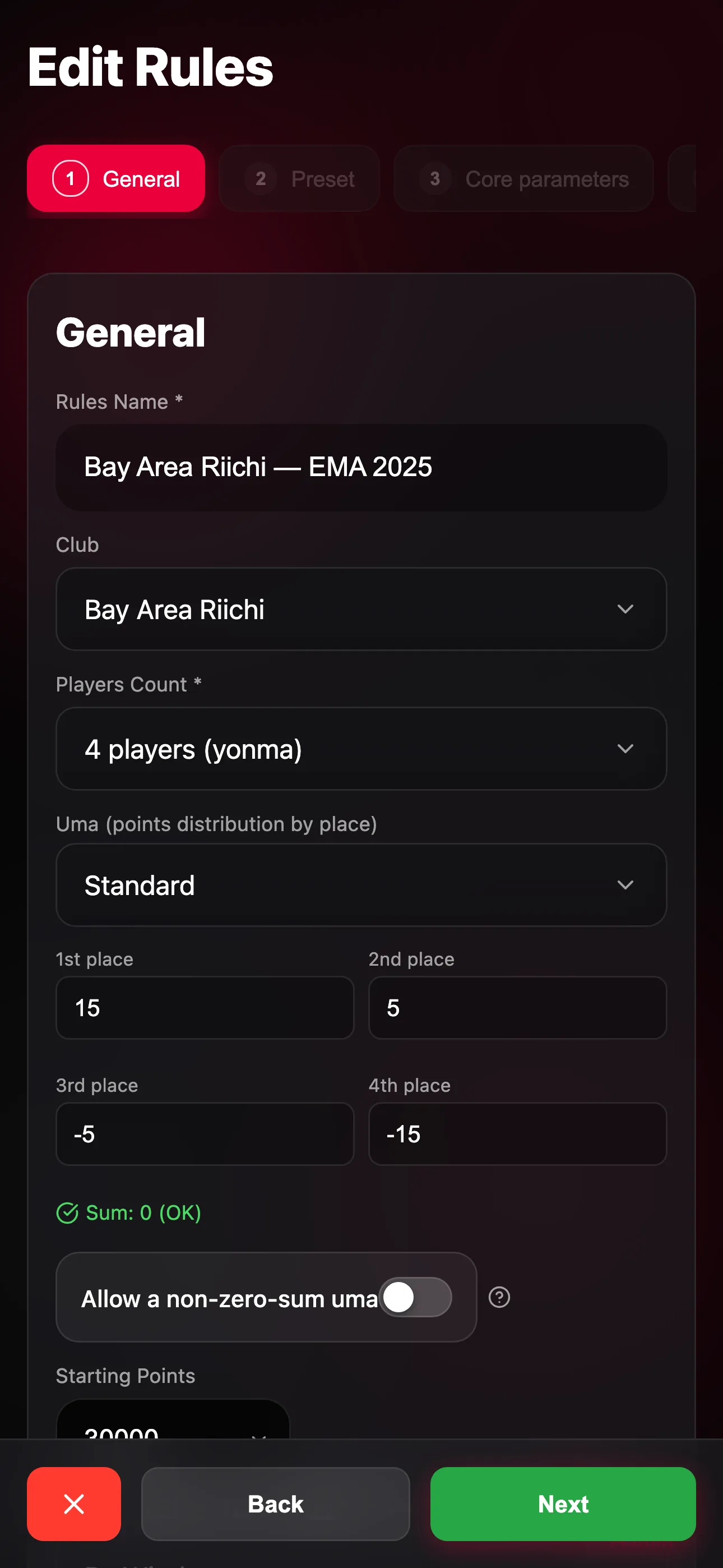 Club ruleset configuration interface