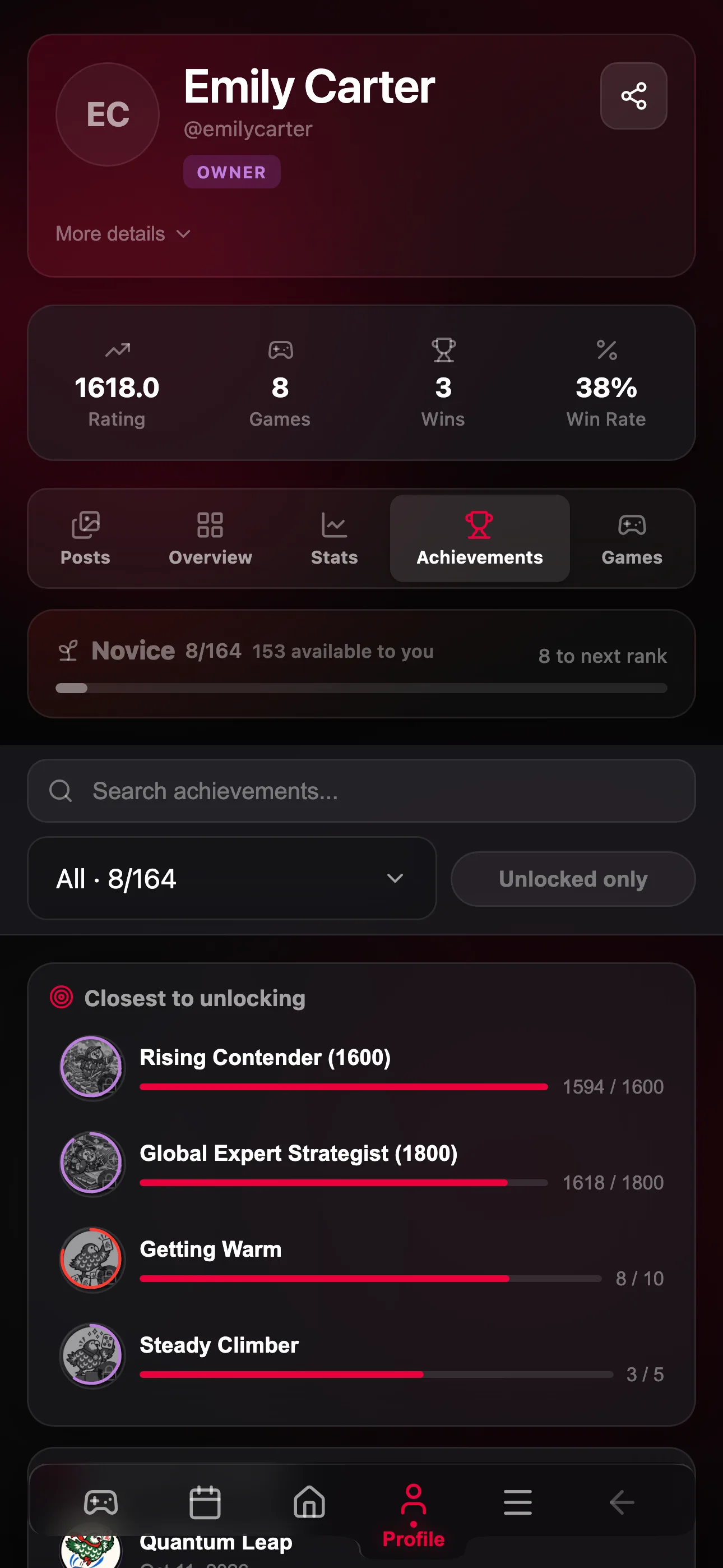 Player achievements and milestones