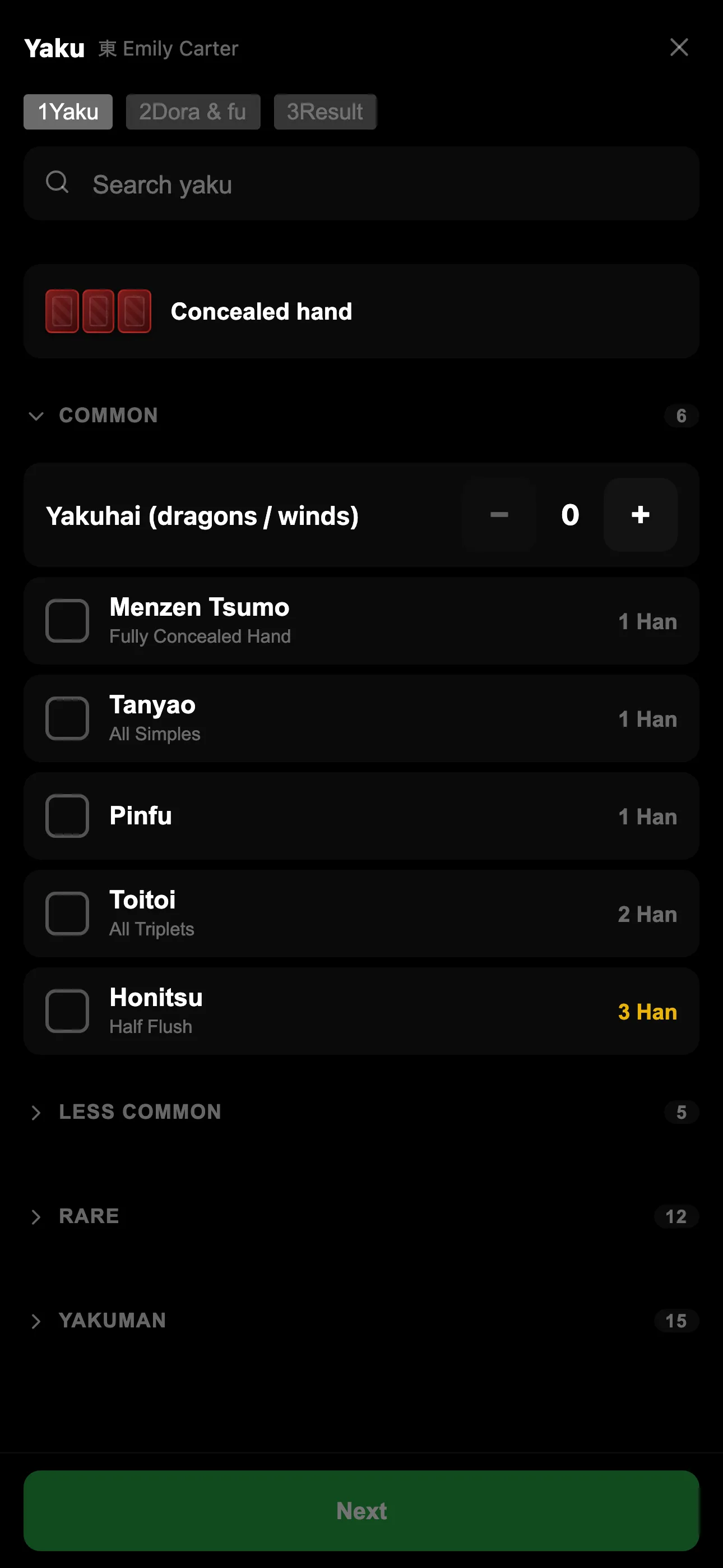Yaku picker with han values per yaku