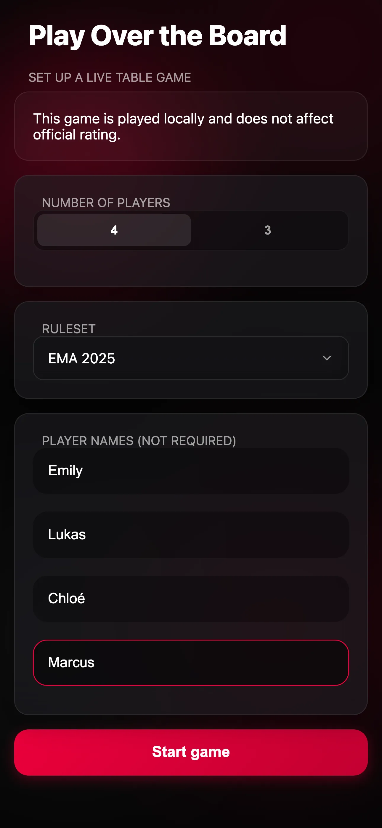 Offline over-the-board table setup mode