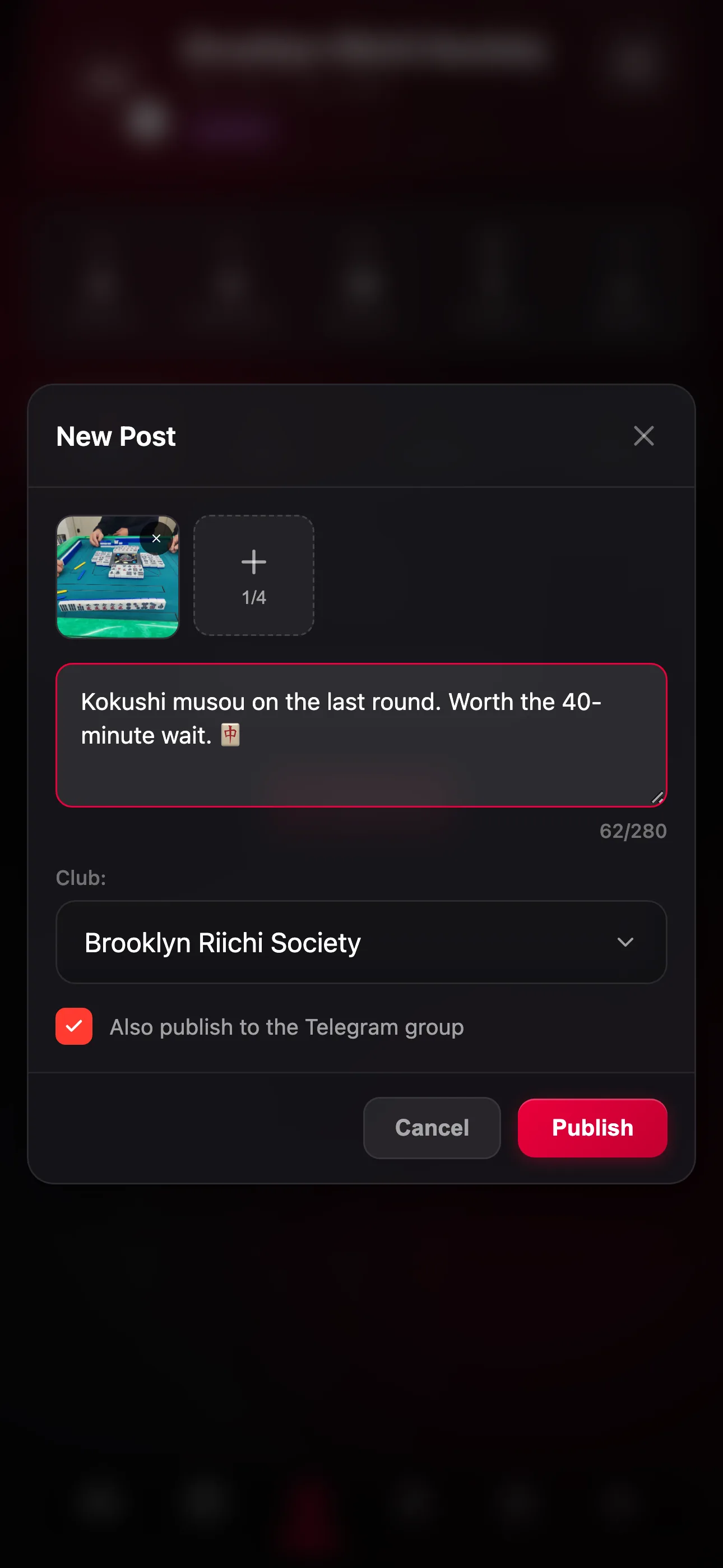 Post composer with photos, caption and cross-posting to the club chat