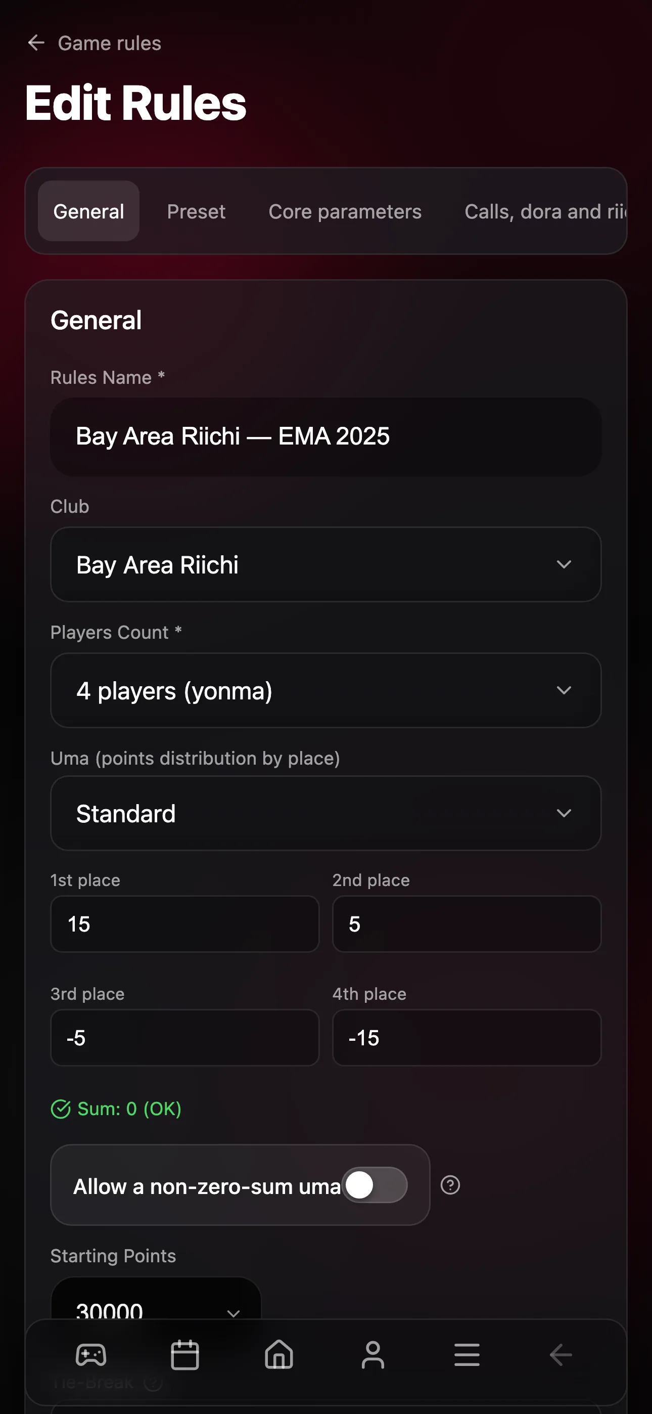 Club ruleset configuration interface