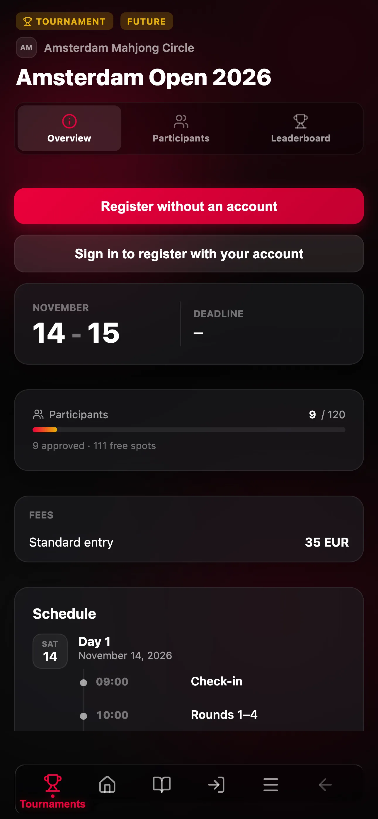 Public tournament page with dates, fees and guest registration