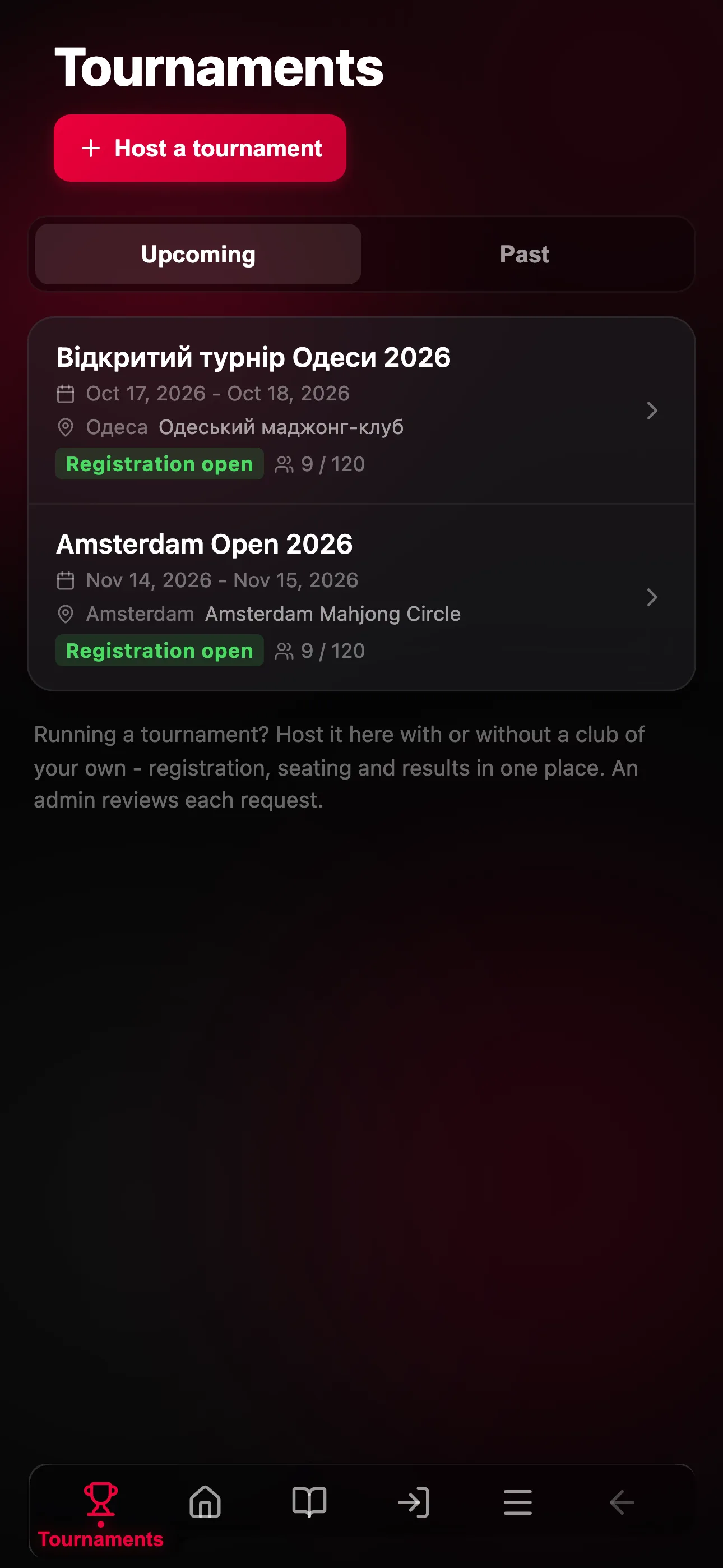 Public directory of upcoming riichi tournaments