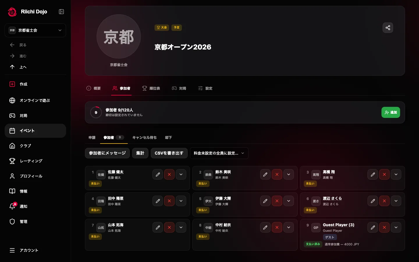 ゲストと支払状況のバッジがある大会参加者一覧