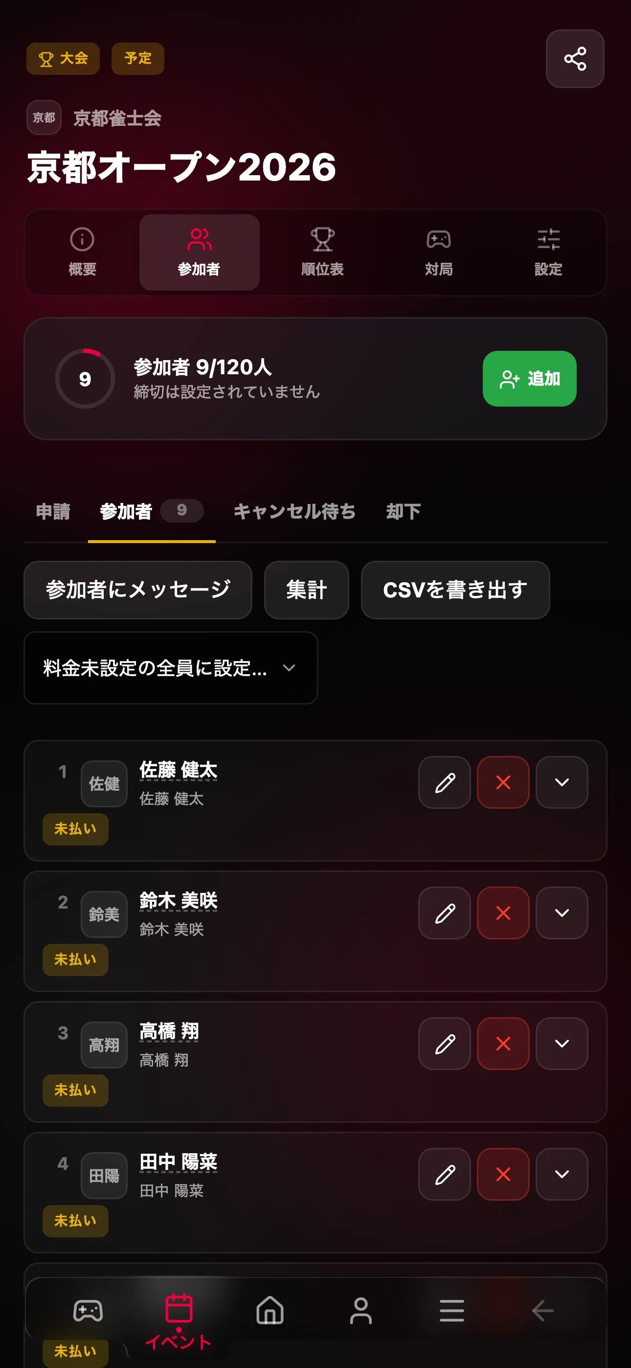 ゲストと支払い状況がわかる主催者向け参加者一覧
